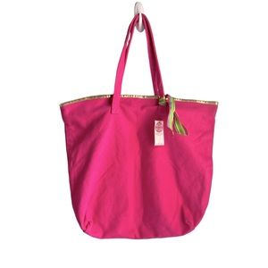 Buckhead Betties | Large Pink Total Tote Bag Gold Trim Preppy Ribbon Beach Bag